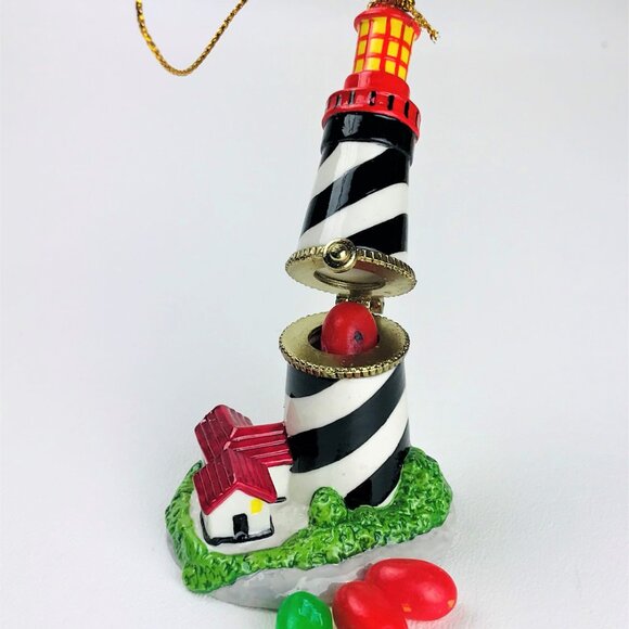 Black White Red Lighthouse Porcelain Hinged Trinket Box Christmas Ornament - Picture 2 of 4